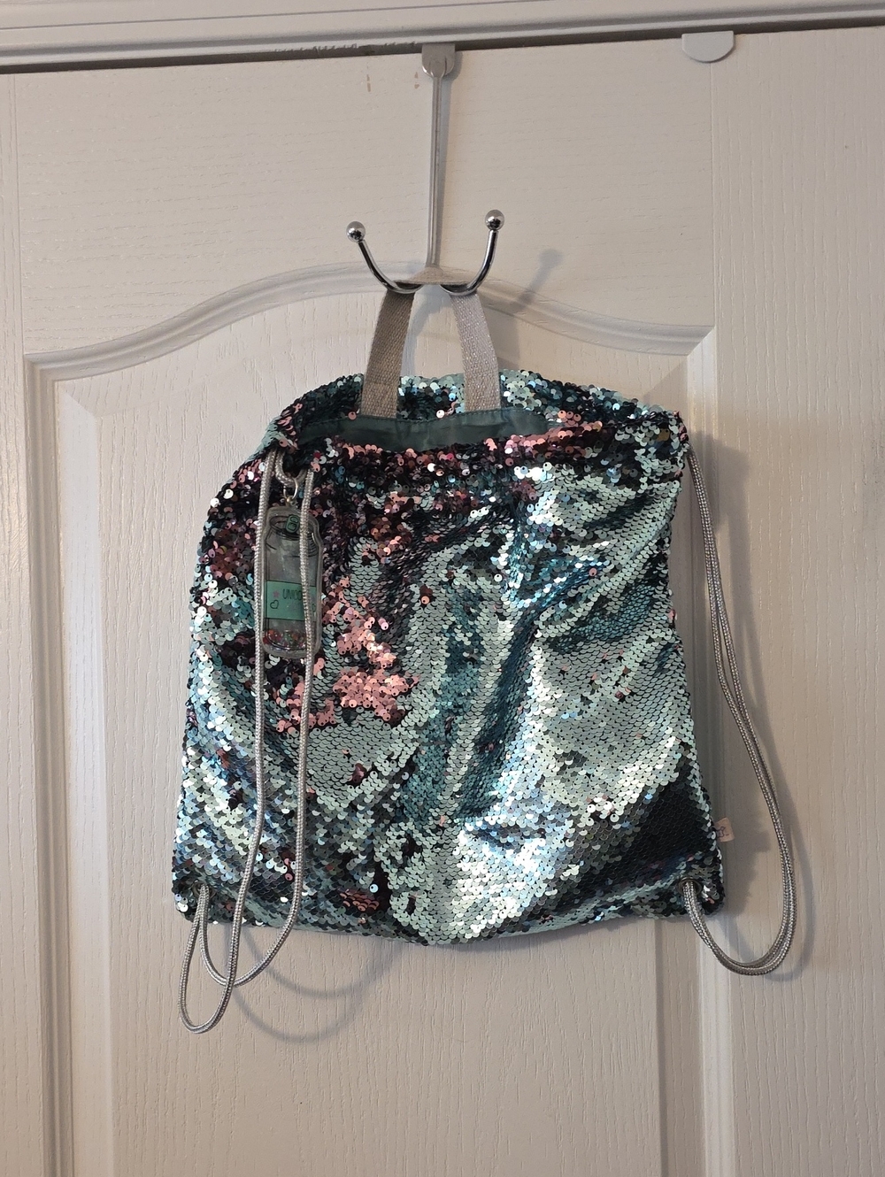 Unicorn Sequin Drawstring Backpack in Aqua and Pink